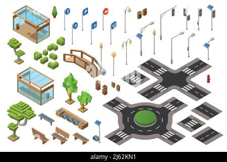 City traffic street isometric 3D vector illustration of traffic light, transport direction signs. Isolated isometric constructor icons of town bench, Stock Vector