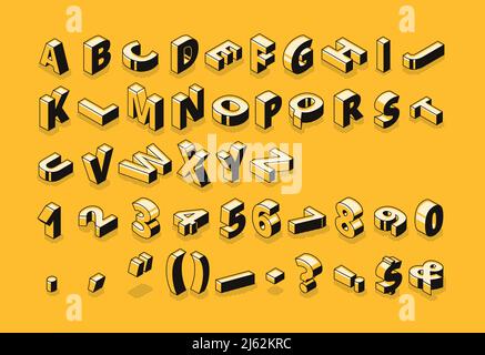 Isometric letters halftone font vector illustration of thin line cartoon abstract alphabet typography, numbers and symbols or signs in geometric shape Stock Vector