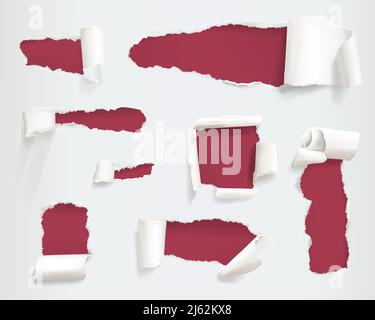 Paper torn holes vector illustration of realistic ragged or ripped white page sides or banners with curls texture and shadows on red background Stock Vector