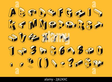 Isometric line font and halftone alphabet letters vector illustration. Abstract trend retro typography with numbers and symbols or signs in geometric Stock Vector