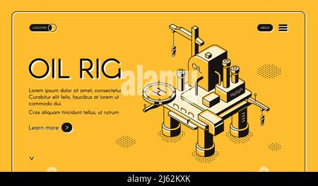 Oil rig offshore platform vector illustration on isometric line design on yellow halftone background. Sea or ocean petroleum and gas industry derrick Stock Vector