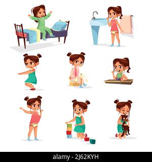Vector cartoon girl daily routine activity set. Female character wake up, stretch, brushing teeth doing gymnastics, toilet, dressing up eat breakfast Stock Vector