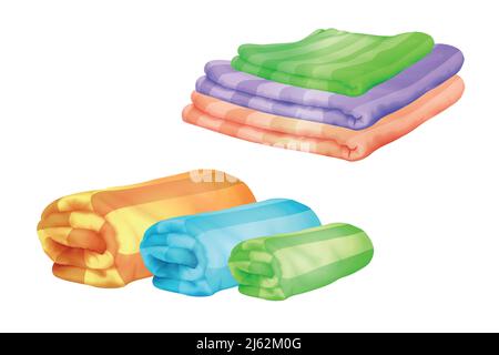 Bath towels vector illustration of color towel piles folded and rolled. Realistic soft cotton or wool plaids or bed sheets and beach blankets isolated Stock Vector