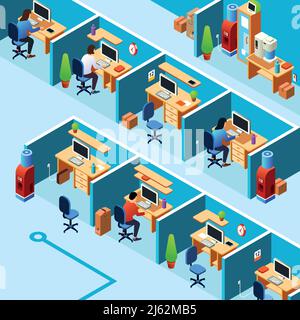 Vector isometric cubicle office plan, coworking with working clerks, employees on their workplaces. Business room, floor interior design with furnitur Stock Vector