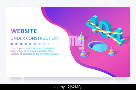 404 error web page or site under construction vector illustration template. Internet technology design with manhole and restriction stripe tape and st Stock Vector