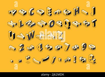 Isometric letters halftone font vector illustration of thin line cartoon abstract alphabet typography, numbers and symbols or signs in geometric shape Stock Vector
