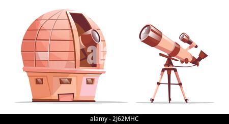 Vector cartoon astronomy discovery equipment set. Observatory dome with radio telescope and telescope on tripod. Illustration with optical cosmos obje Stock Vector
