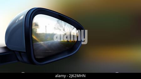 Vector realistic illustration of black rear view mirror with reflection in it, isolated on blurred background. Accessory for vehicles to look back on Stock Vector