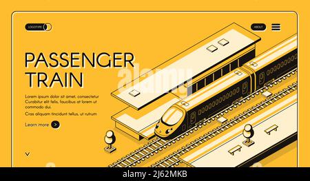 Passenger train isometric vector web banner. High-speed express train on railroad station, line art illustration. Tourism portal or travel agency site Stock Vector