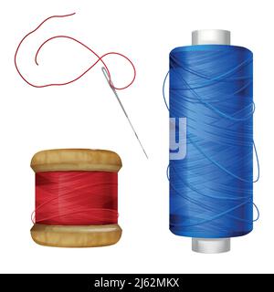Thread spool vector illustration on sewing tools. Blue and red thread on wooden and plastic spool with needle for tailoring and needlework supplies Stock Vector