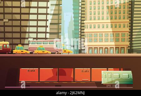 New york city design concept with skyscrapers and urban transport so as yellow cabs municipal transportation subway flat vector illustration Stock Vector