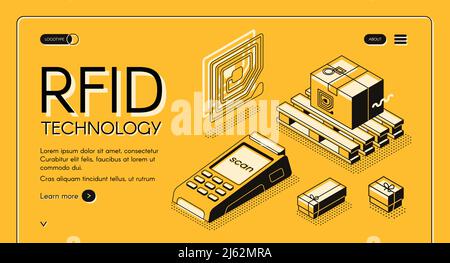 RFID technology for delivery tracking isometric vector web banner. Electromagnetic track tag on cargo and RFID reader line art illustration. Retail or Stock Vector