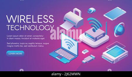 Wireless technology isometric vector illustration of Wi-Fi, Bluetooth or NFC connection and digital data storage devices. Internet cloud, USB flash, l Stock Vector