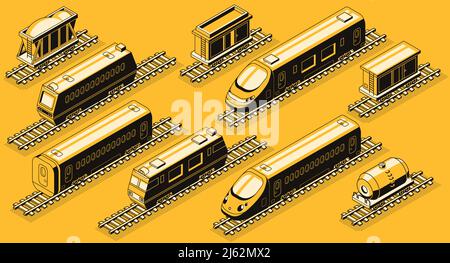 Railroad transport, train elements isometric vector set. High-speed passenger and freight locomotives, goods wagons and containers with bulk cargo, ta Stock Vector