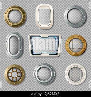 Realistic set of metal and plastic portholes of various shape on transparent background isolated vector illustration Stock Vector