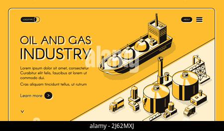 Oil and gas industry isometric vector web banner. Petroleum tanker, LNG carrier near oil refinery plant or natural gas terminal in sea port, line art Stock Vector