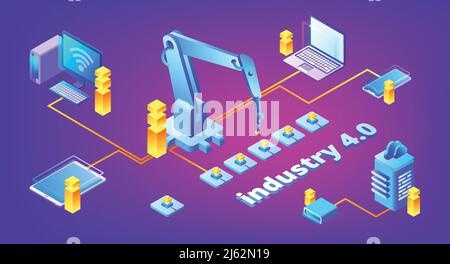 Industry 4.0 technology vector illustration of automation and data exchange system for manufacturing. Smart factory communication with computer networ Stock Vector