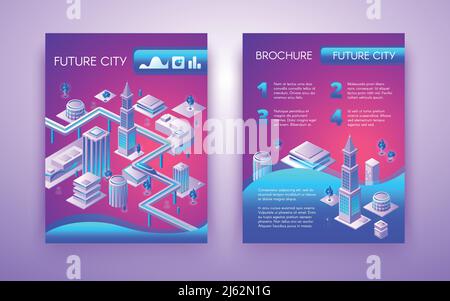 Future city conceptual brochure isometric vector template in vibrant fluorescent colors with subway train going between futuristic city buildings. Cit Stock Vector