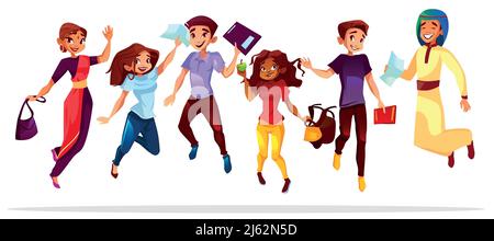 College or university students vector illustration of classmates different nationalities jumping up. Happy Saudi Arabian and Asian or Indian girl, bla Stock Vector