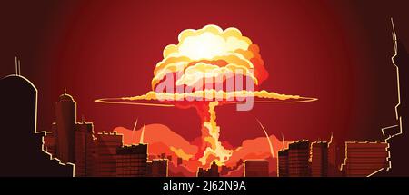 Nuclear explosion bright orange fiery mushroom cloud cap in city center retro cartoon poster abstract vector illustration Stock Vector