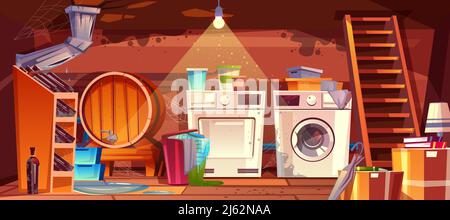 Cellar with leakage flood and black mould on walls vector illustration. House basement or wine vault with barrel, bottles or laundry dryer and washing Stock Vector