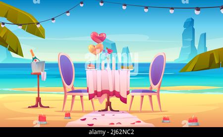 Table on beach for romantic dating with candles, champagne in bucket, heart shaped balloons and rose flower petals randomly scattered on sand at exoti Stock Vector