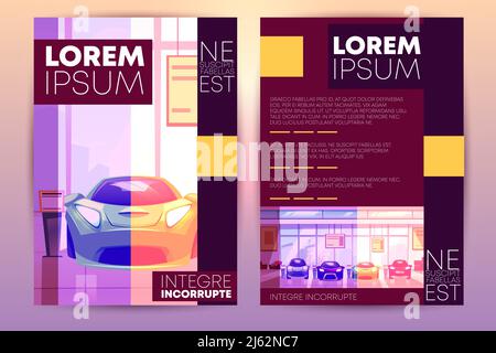 Vector flyer with car showroom - new auto dealership. Brochure with hall with shop window, glass showcase. Urban business, sale of vehicles, car renta Stock Vector