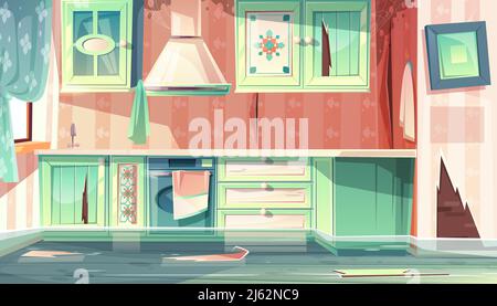 Vector cartoon background with provence room, the flood in dirty kitchen. Leak of water, black mould on walls, disaster at home. Retro style of wooden Stock Vector