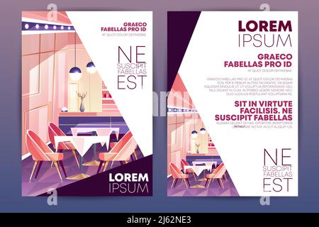 Cozy cafe, small restaurant or bar cartoon vector, vertical advertising flyer, promo leaflet design template. Restaurant hall pink interior with bar c Stock Vector