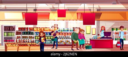 People in supermarket or grocery store vector illustration. Family choosing food products on shelves to shopping bags or carts, cartoon background wit Stock Vector