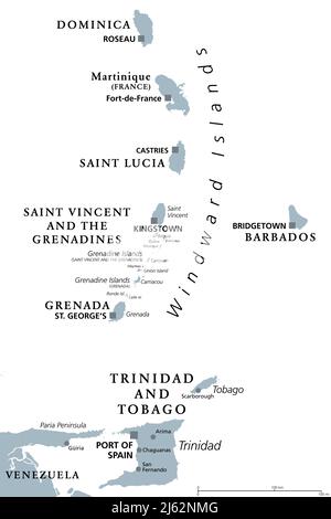 Windward Islands, gray political map. Islands of Lesser Antilles, south of Leeward Islands in the Caribbean Sea. From Dominica to Trinidad and Tobago. Stock Photo