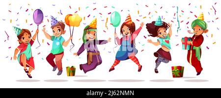 Children of different nationality celebrating birthday or holiday with color balloons, gifts and confetti. Vector cartoon kids black Afro-American and Stock Vector