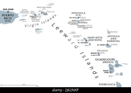 Leeward Islands, gray political map. Part of Lesser Antilles, north of Windward Islands in the Caribbean. From Puerto Rico to Dominica. Stock Photo