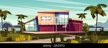 Luxury villa on tropical beach cartoon vector illustration. High-class house exterior with glass facade, garage and palms on lawn. Prestige real estat Stock Vector
