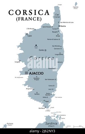 Corsica, gray political map. French island in the Mediterranean Sea, north of Italian island Sardinia, with capital Ajaccio. A region of France. Stock Photo