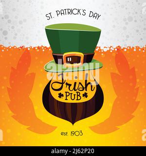Irish pub st patricks day celebration poster with green hat and beard on beer background flat vector illustration Stock Vector