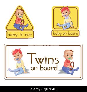Baby in car sign stickers vector illustration. Twins girl and boy baby on board with steering wheel isolated warning labels set of advisory alarm or b Stock Vector