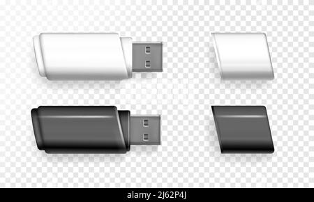 USB flash drive vector illustration of 3D realistic memory stick. Mockup model of portable data storage with white and black caps isolated on transpar Stock Vector
