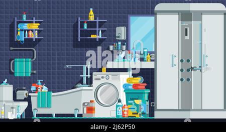 Hygiene icons orthogonal flat composition with shower cabin bath sink washing machine toiletries vector illustration Stock Vector