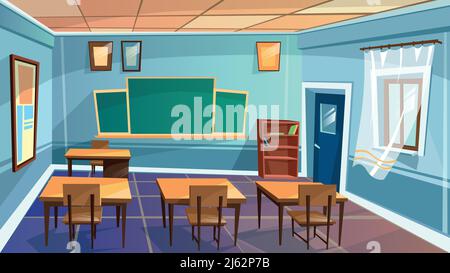 Vector cartoon empty elementary high school, college, university classroom background. Illustration room interior indoor objects - open window desk ta Stock Vector