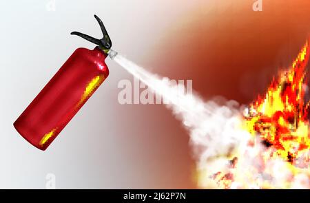 Stored-pressure, handheld fire extinguisher spraying firefighting agent, suppressing blazing flame realistic vector 3d illustration. Extinguishing and Stock Vector