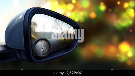 Vector illustration of rear view mirror with small round glass for blind spot zone, isolated on abstract blurred background. Plastic accessory for veh Stock Vector