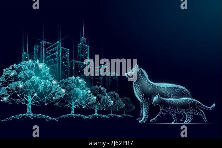 Homeless street animals in the city. Urban stray cat street dogs. Adopt a pet banner. 3D low poly city buildings park landscape vector illustration Stock Vector
