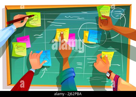 Kanban board vector illustration for agile scrum management and teamwork process methodology. Team people hands sticking work business plan schedule a Stock Vector
