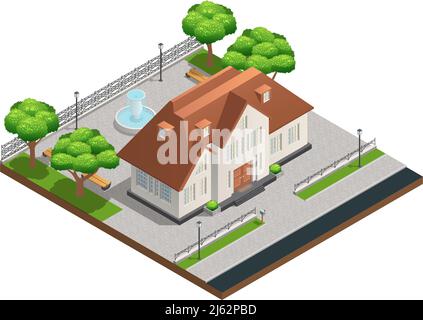 Isometric composition with suburban house and big clean yard with fountain trees and benches on white background vector illustration Stock Vector