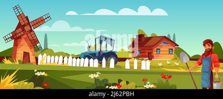 Farmer or peasant vector illustration of man with beard and spade at farmland. Vector windmill, house or barn and agriculture tractor with chickens on Stock Vector