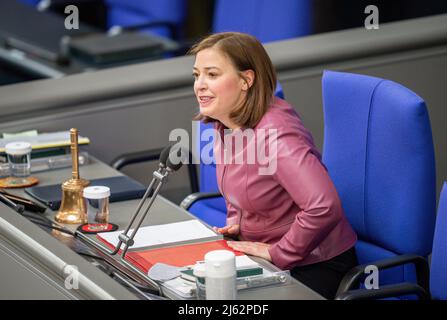 Berlin, Germany. 27th Apr, 2022. Yvonne Magwas (CDU), Vice President of the Bundestag, speaks at the beginning of the session in the plenary hall. Credit: Michael Kappeler/dpa/Alamy Live News Stock Photo