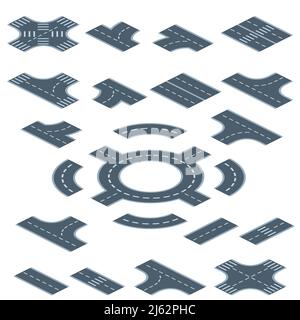 Road marking constructor isometric vector illustration. Isolated traffic streets and highways with turns, crossings or intersections and transport int Stock Vector