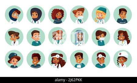 Vector cartoon multinational medical character avatars set. Circle icon with women men doctors medical uniform. African black caucasian indian muslim Stock Vector