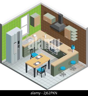 Kitchen interior isometric concept with fridge stove and table vector illustration Stock Vector